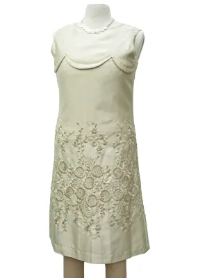 1960s Vintage Champagne Cream Satin Embroidered Shift Dress • Wedding