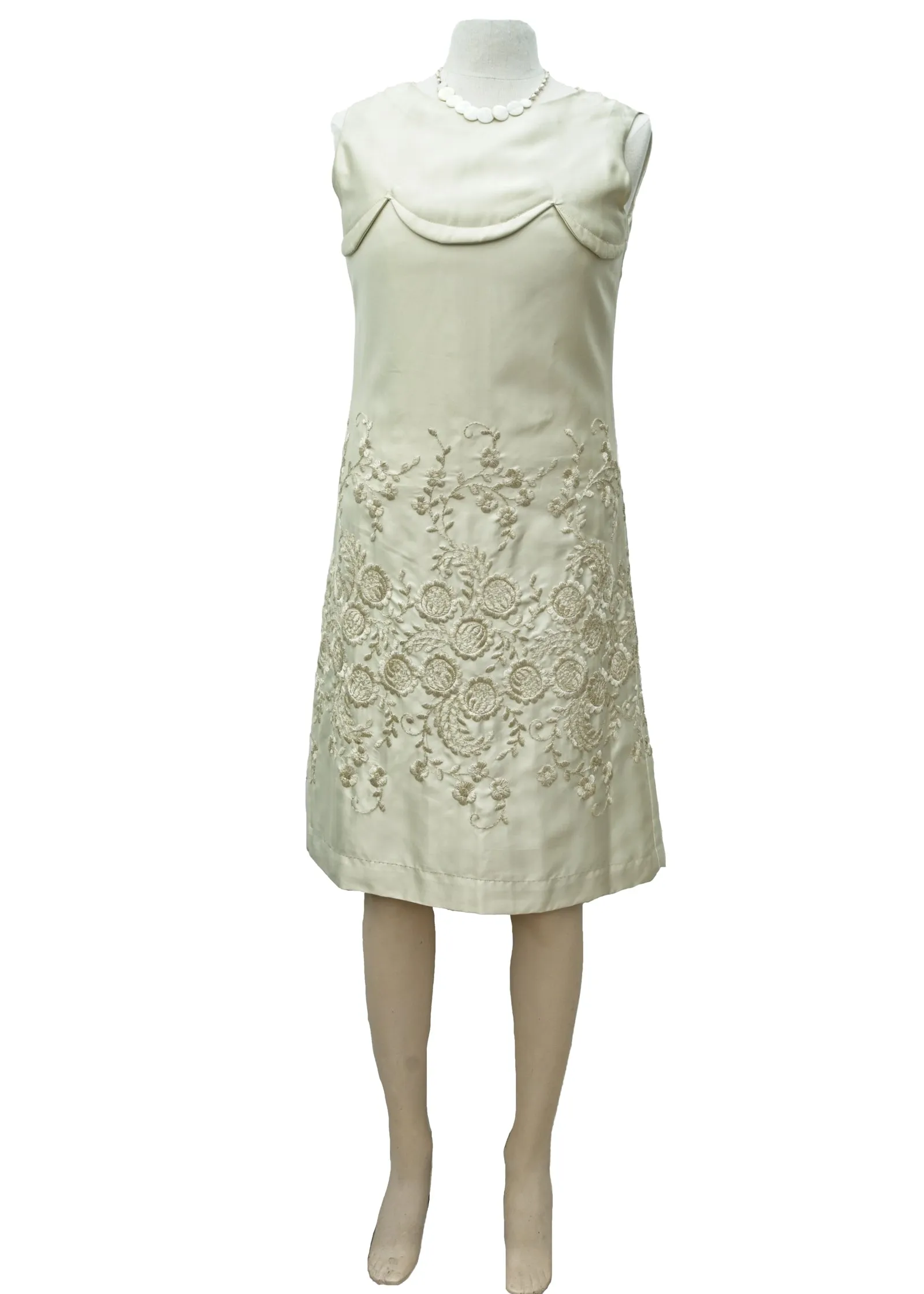 1960s Vintage Champagne Cream Satin Embroidered Shift Dress • Wedding