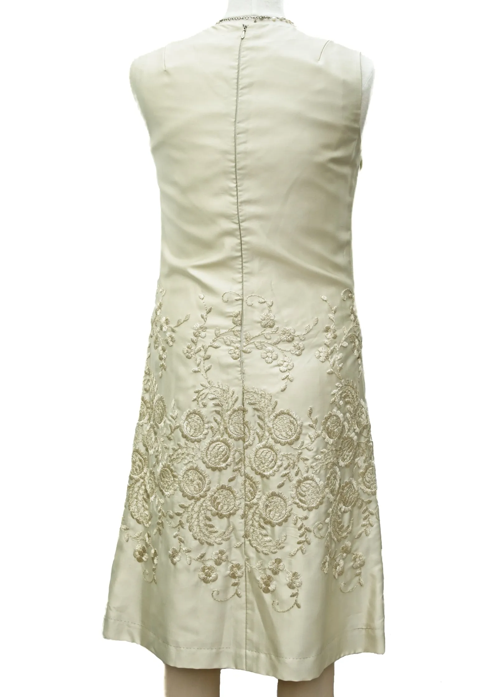 1960s Vintage Champagne Cream Satin Embroidered Shift Dress • Wedding