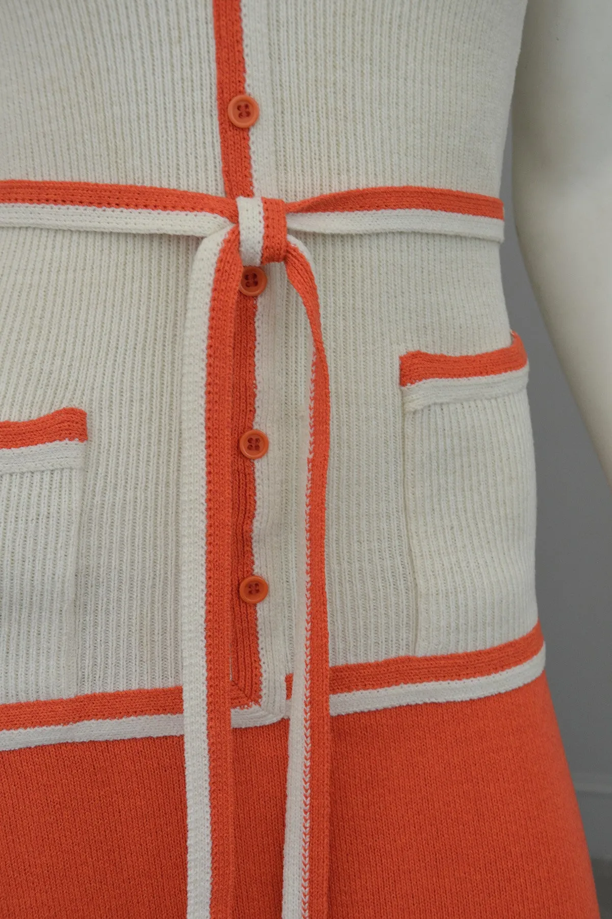 1970s Orange and Off-White Color Block ModKnit Maxi Dress