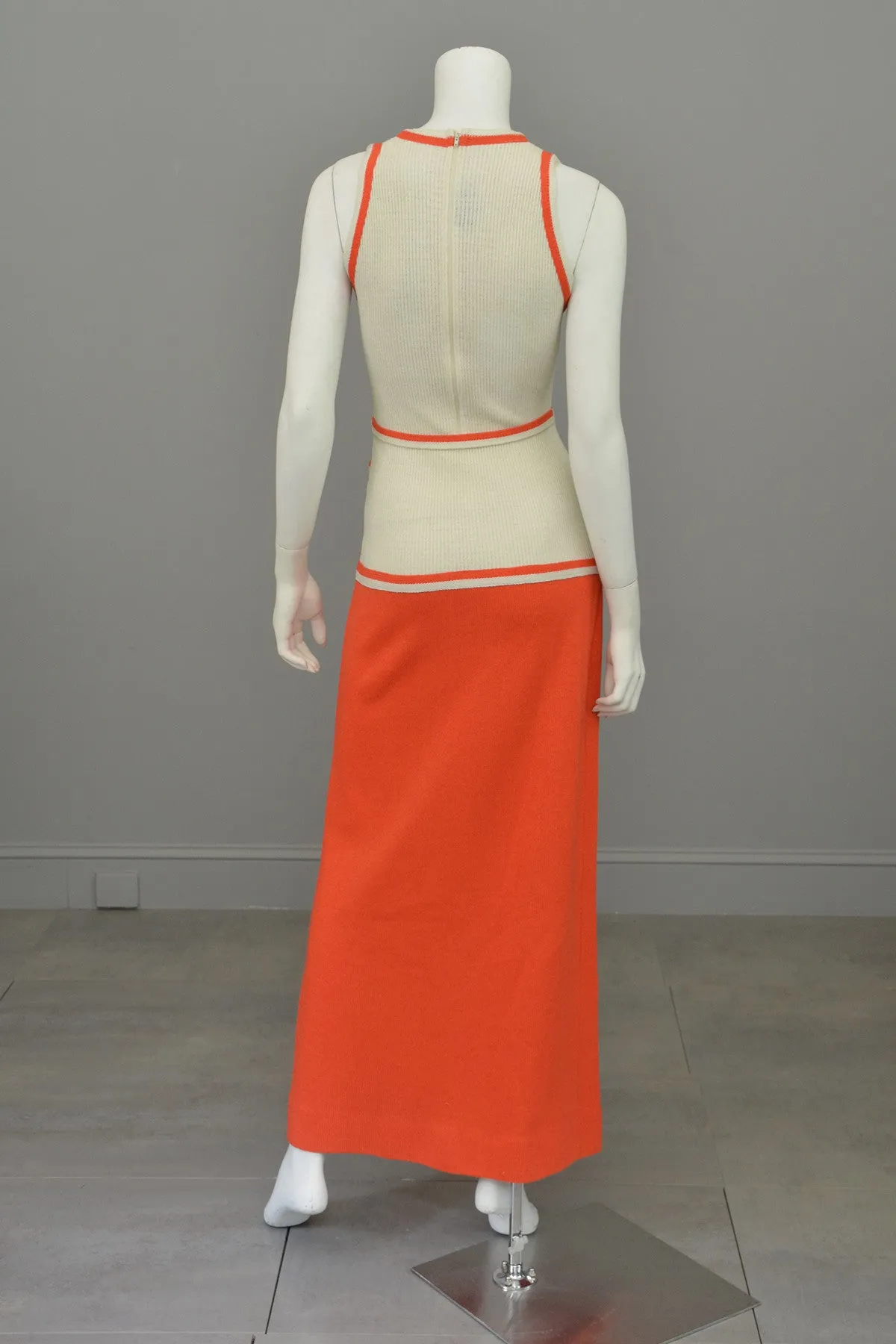 1970s Orange and Off-White Color Block ModKnit Maxi Dress