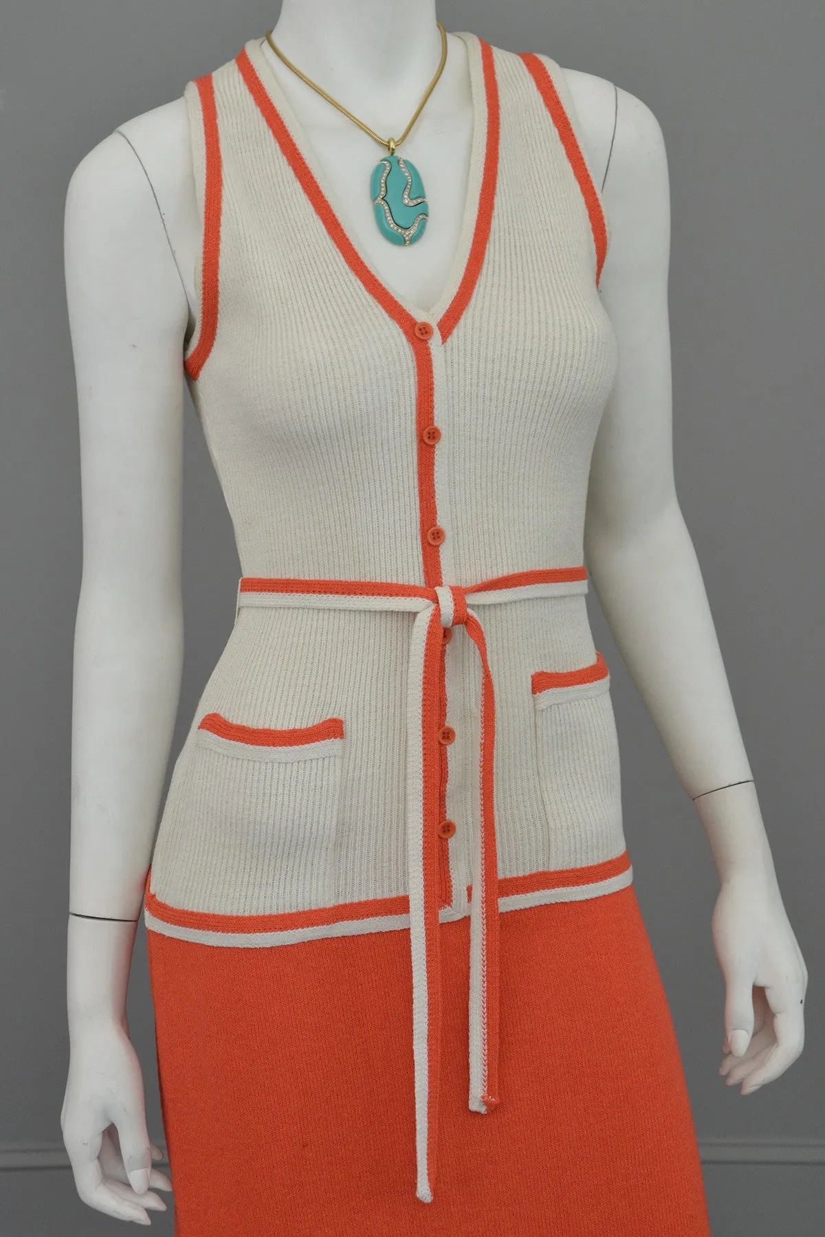 1970s Orange and Off-White Color Block ModKnit Maxi Dress