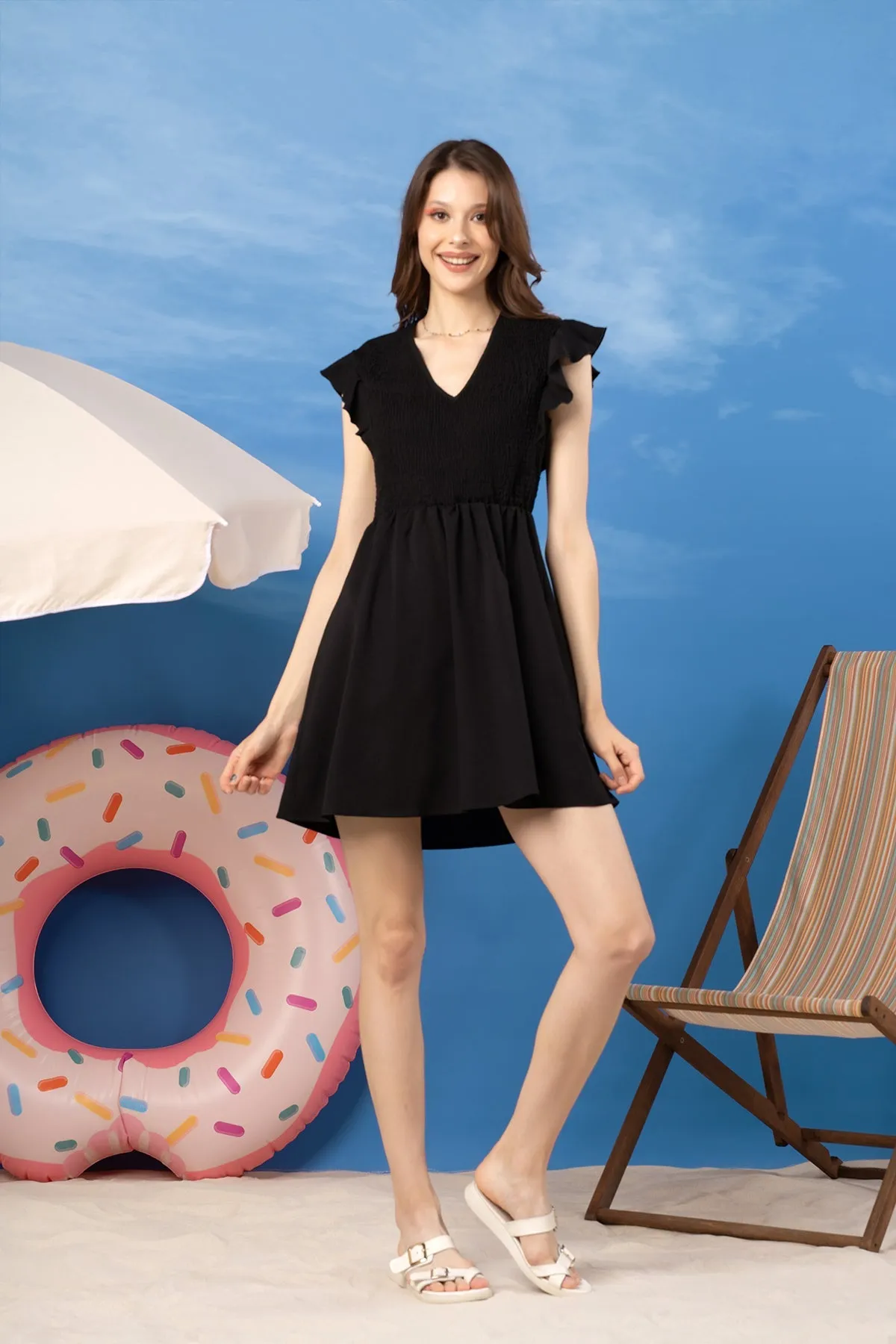 A-Line Shirring Midi Dress For Women - Black