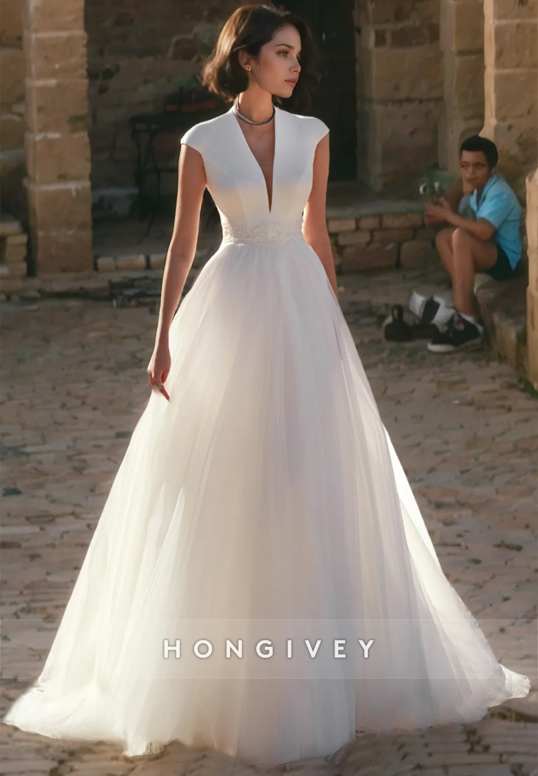 A-Line V-Neck Cap Sleeves Tulle Summer Beach Wedding Dress