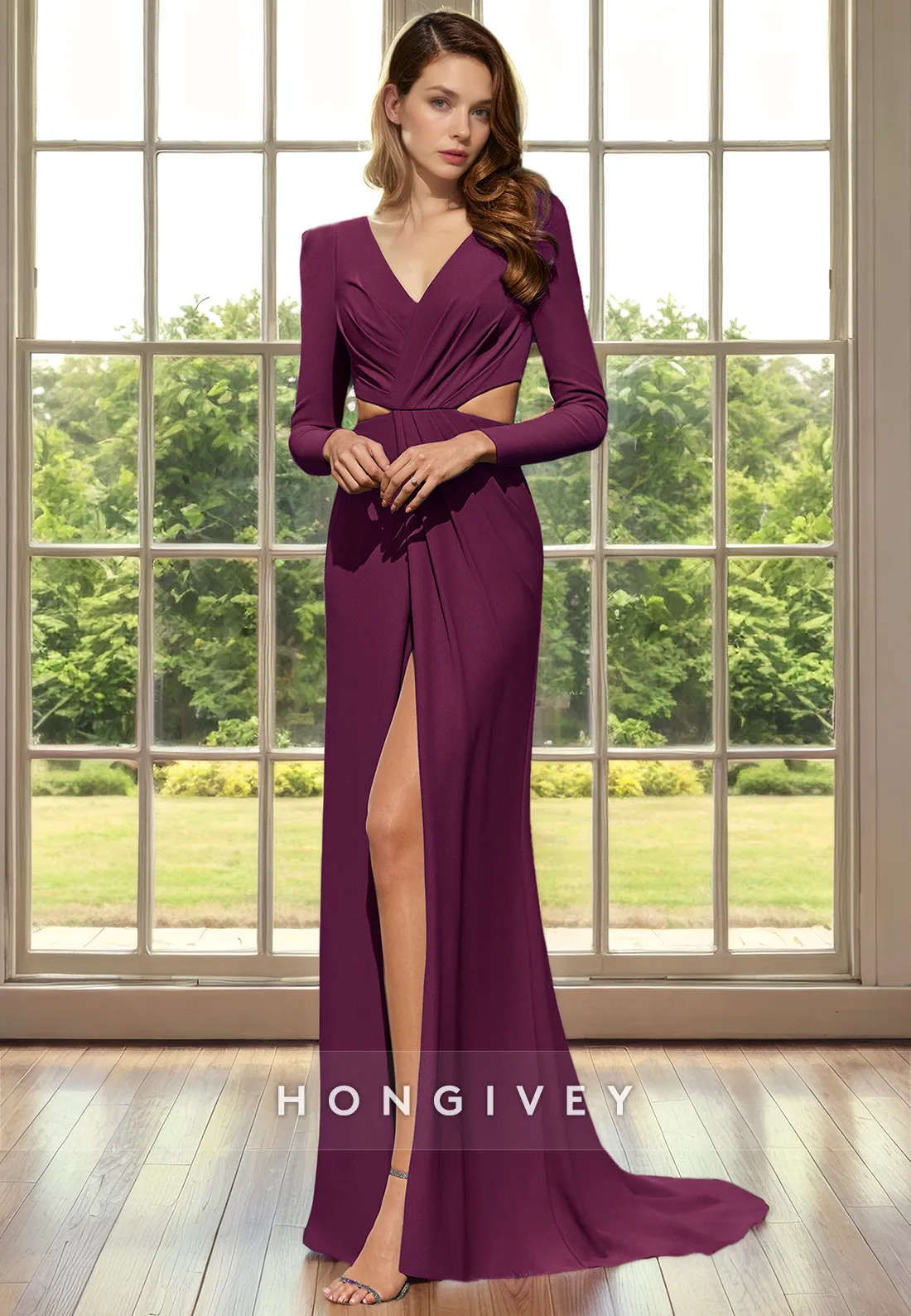 A-Line V-Neck Long Sleeve Empire With Side Slit Mother of the Bride Dress