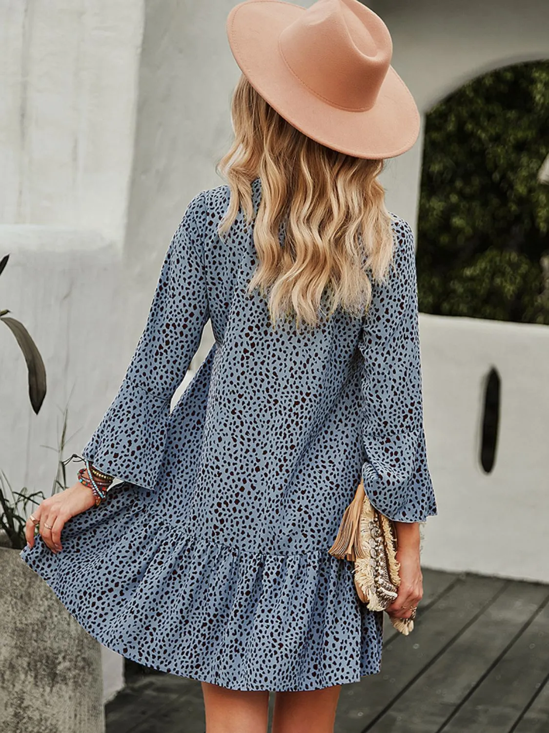 Animal Print Notched Flare Sleeve Dress