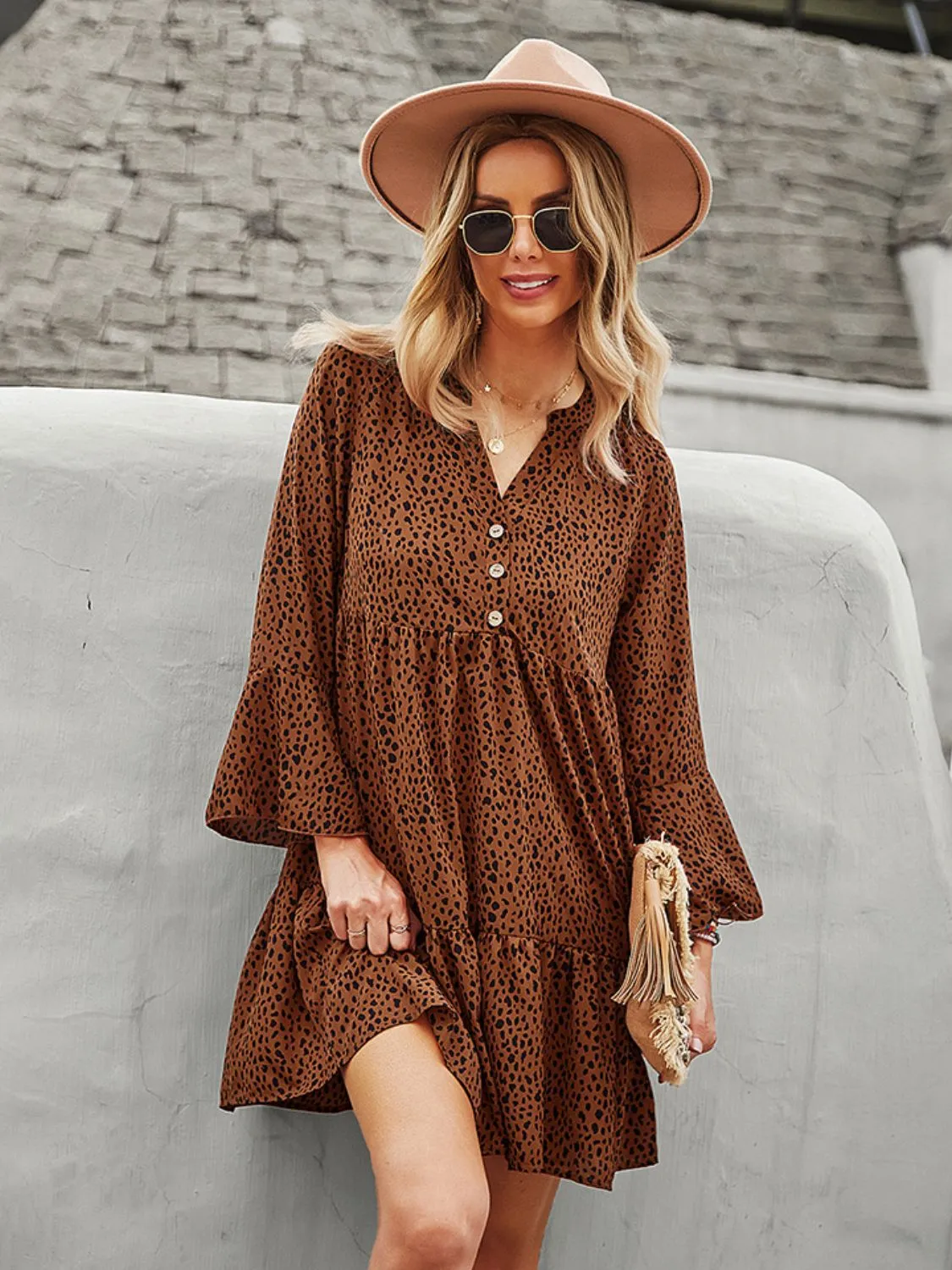 Animal Print Notched Flare Sleeve Dress