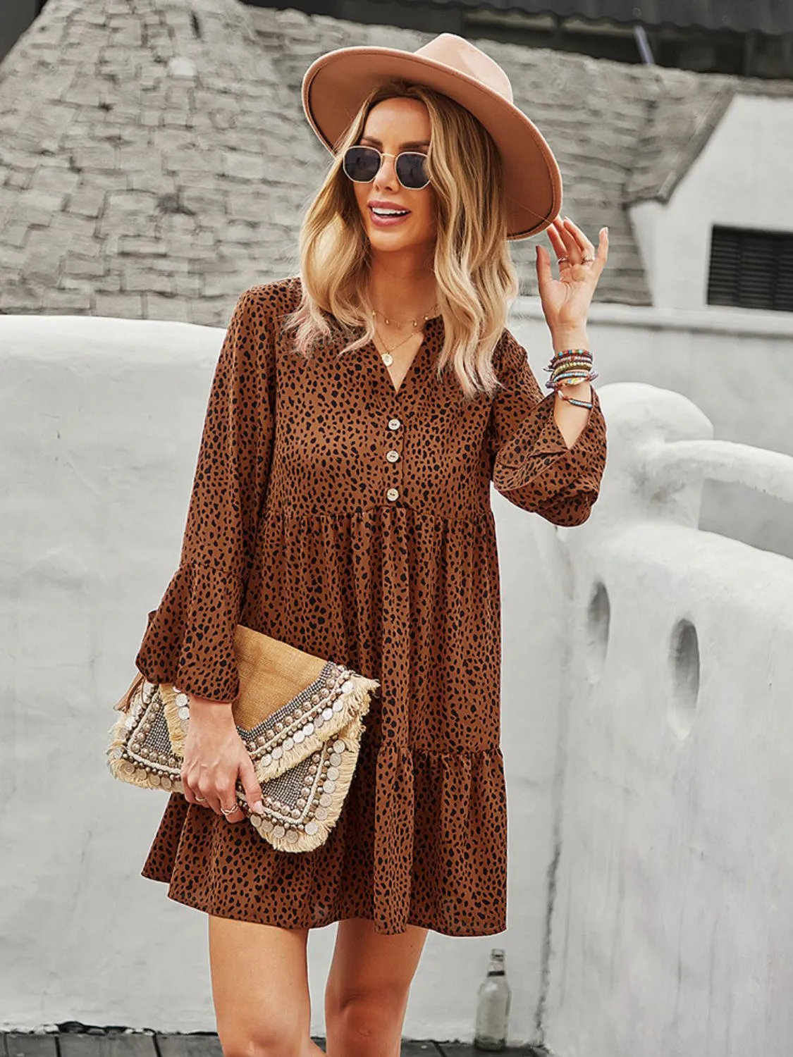 Animal Print Notched Flare Sleeve Dress