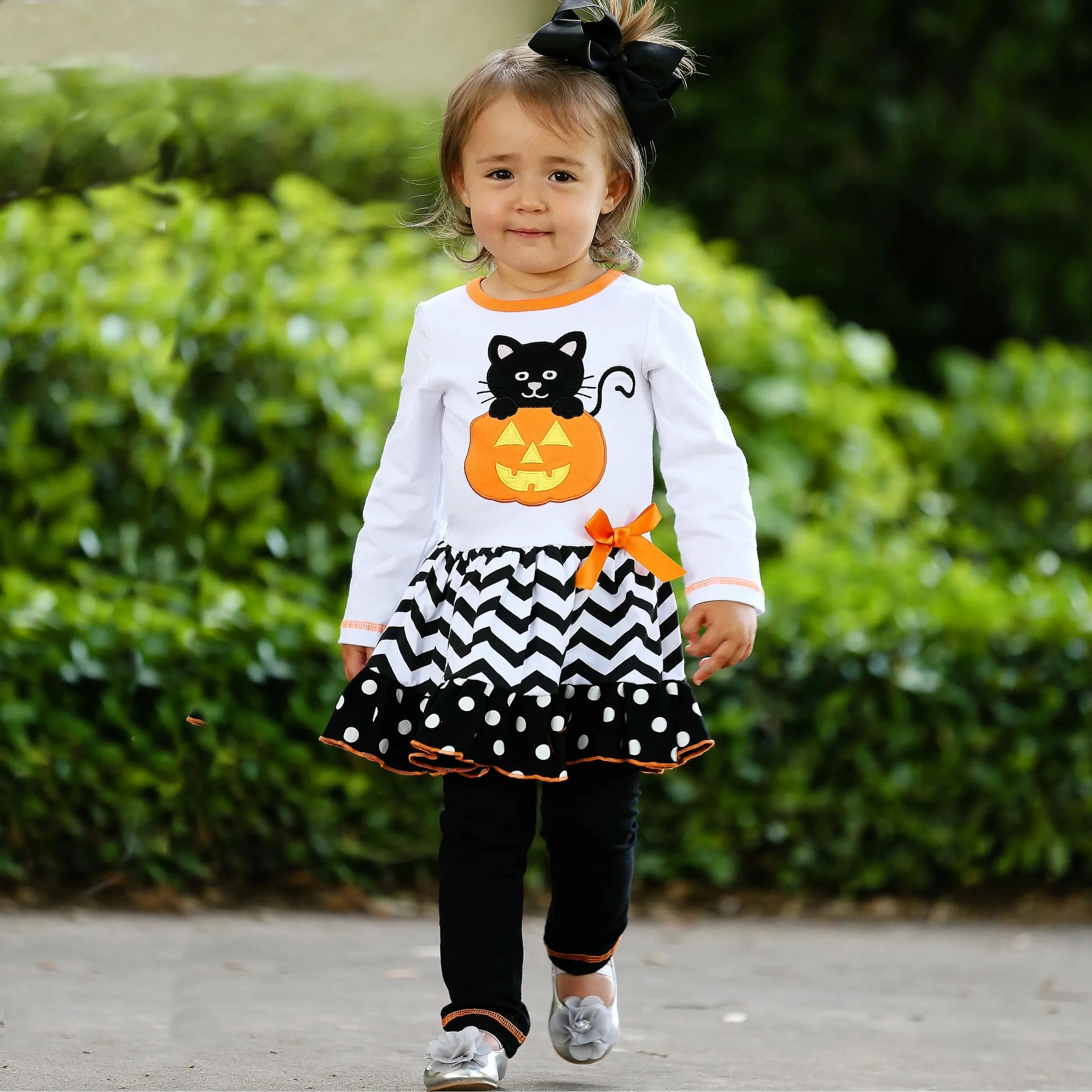 Ann Loren Girls Halloween Pumpkin and Kitten Dress Set