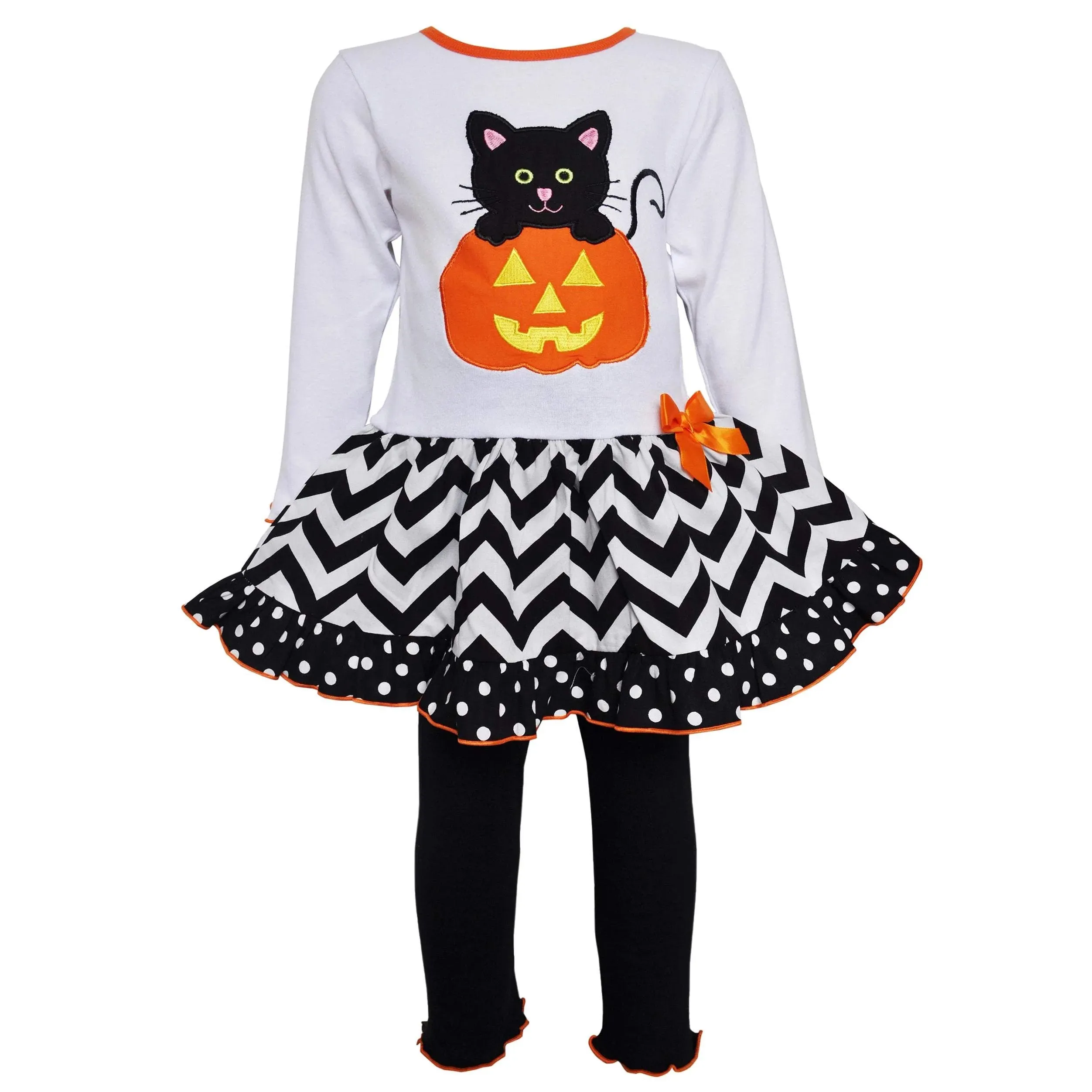 Ann Loren Girls Halloween Pumpkin and Kitten Dress Set