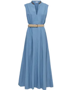 Artic Blue Monili Collar Belted Midi Dress