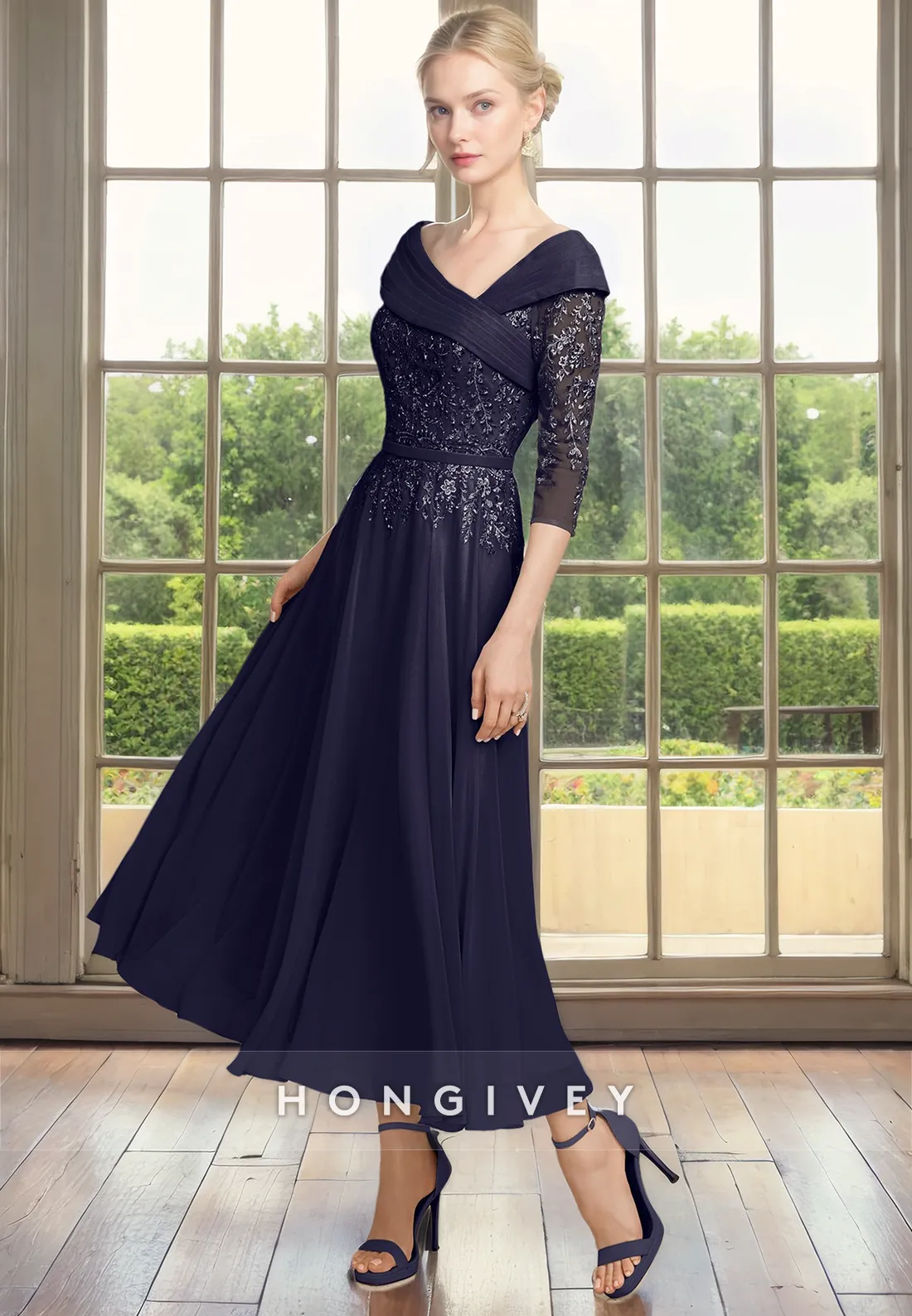 Asymmetrical 3/4 Sleeves Lace Applique Mother of the Bride Dress