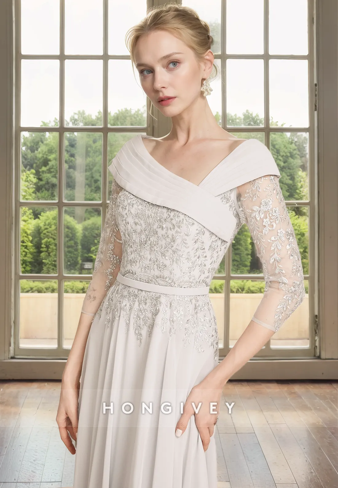 Asymmetrical 3/4 Sleeves Lace Applique Mother of the Bride Dress