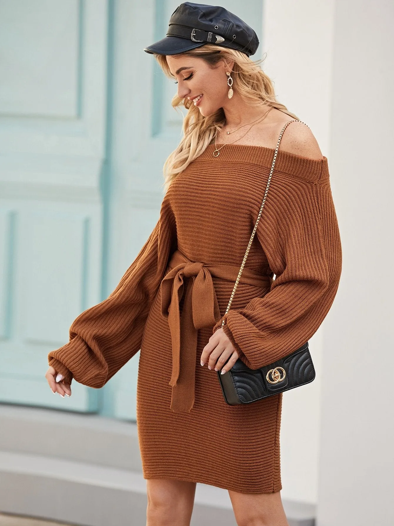 Bardot Self Tie Puff Sleeve Jumper Dress