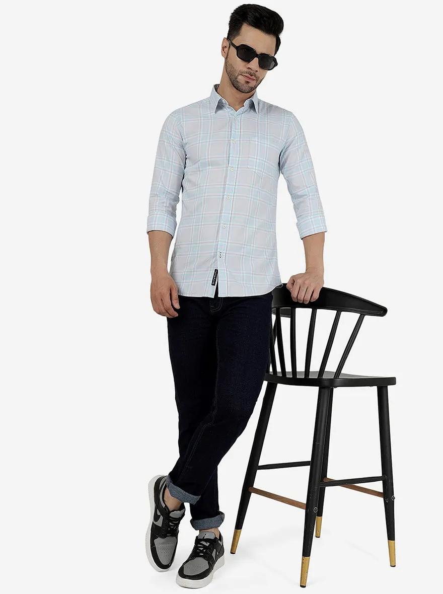 Barley Blue Checked Slim Fit Casual Shirt | JadeBlue