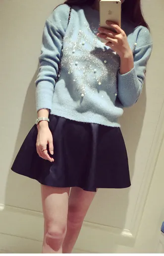 Beadings Dropped Shoulder Pullover Round Neck Solid Short Sweater