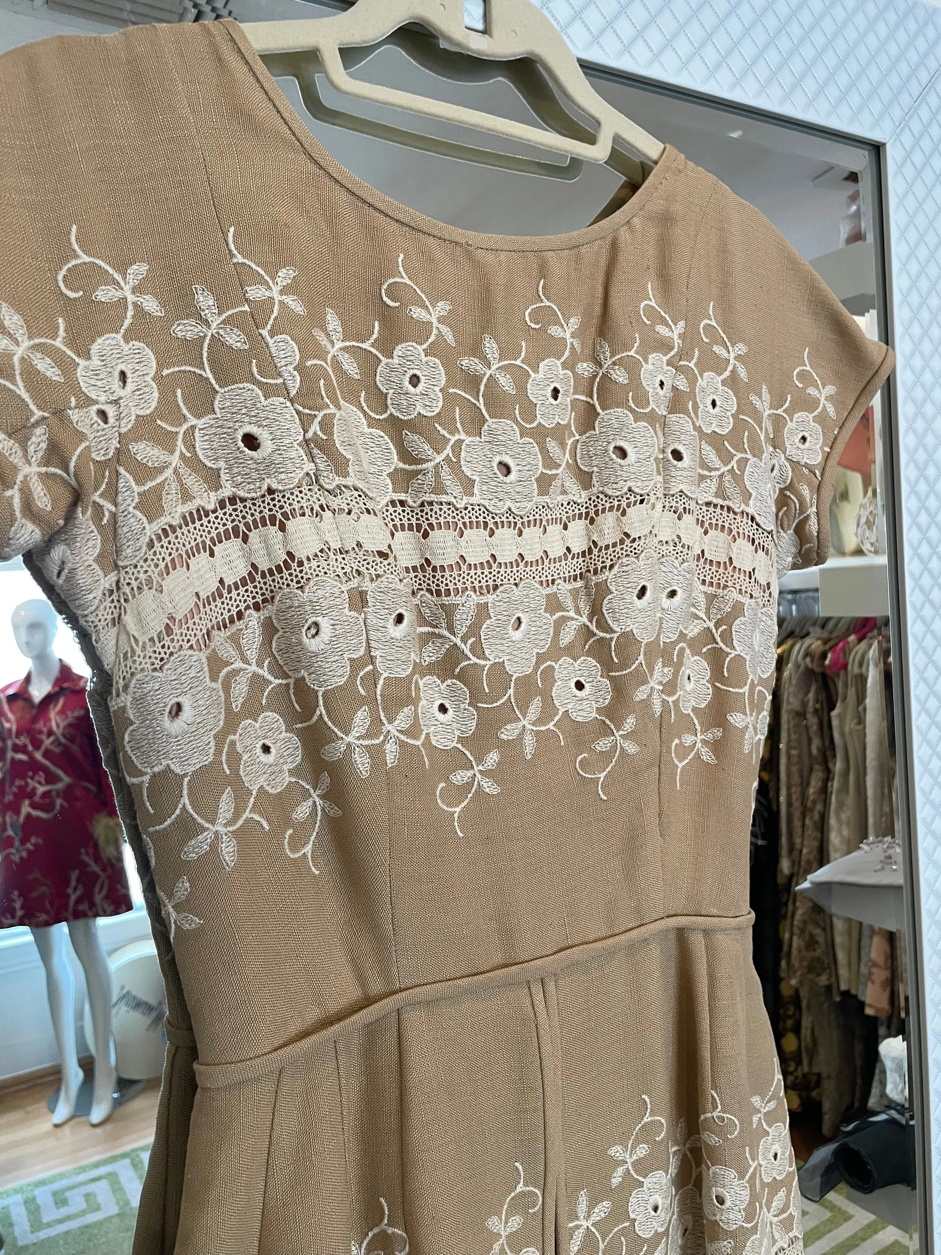 Beige Linen Embroidered Dress