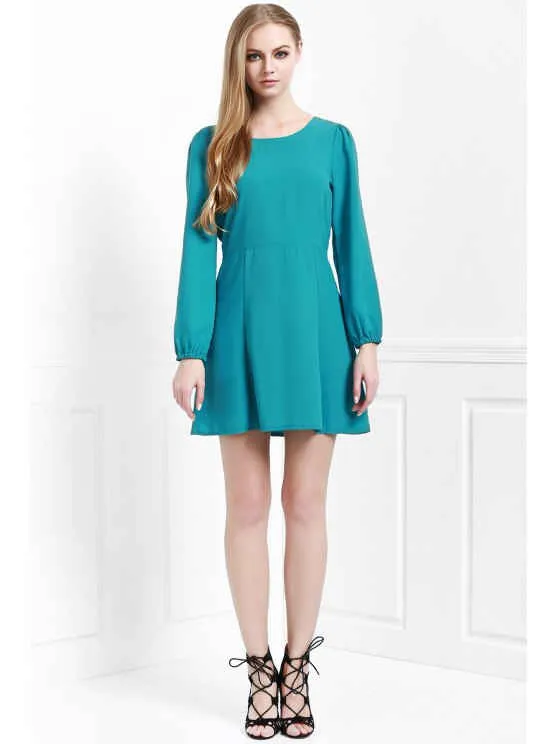 BerryBetty - Chic Long Sleeve Open Back Green Dress