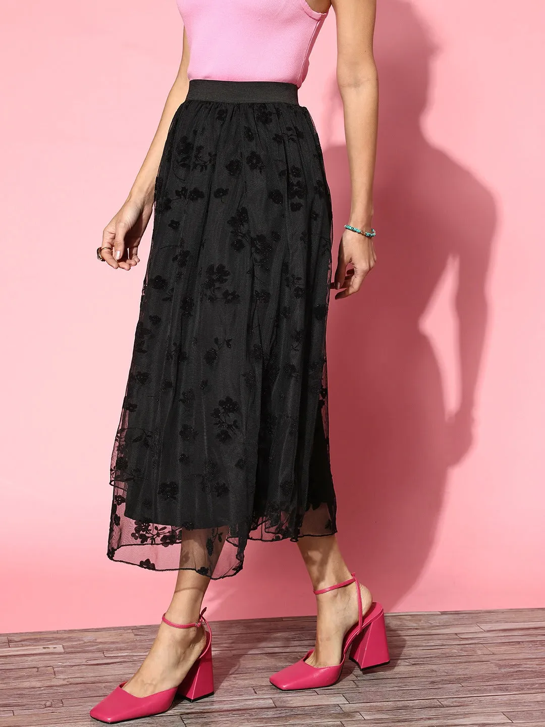 Berrylush Women Black Self-Design Pattern High-Rise Elastic Waist Net Slip-On Flared Midi Skirt