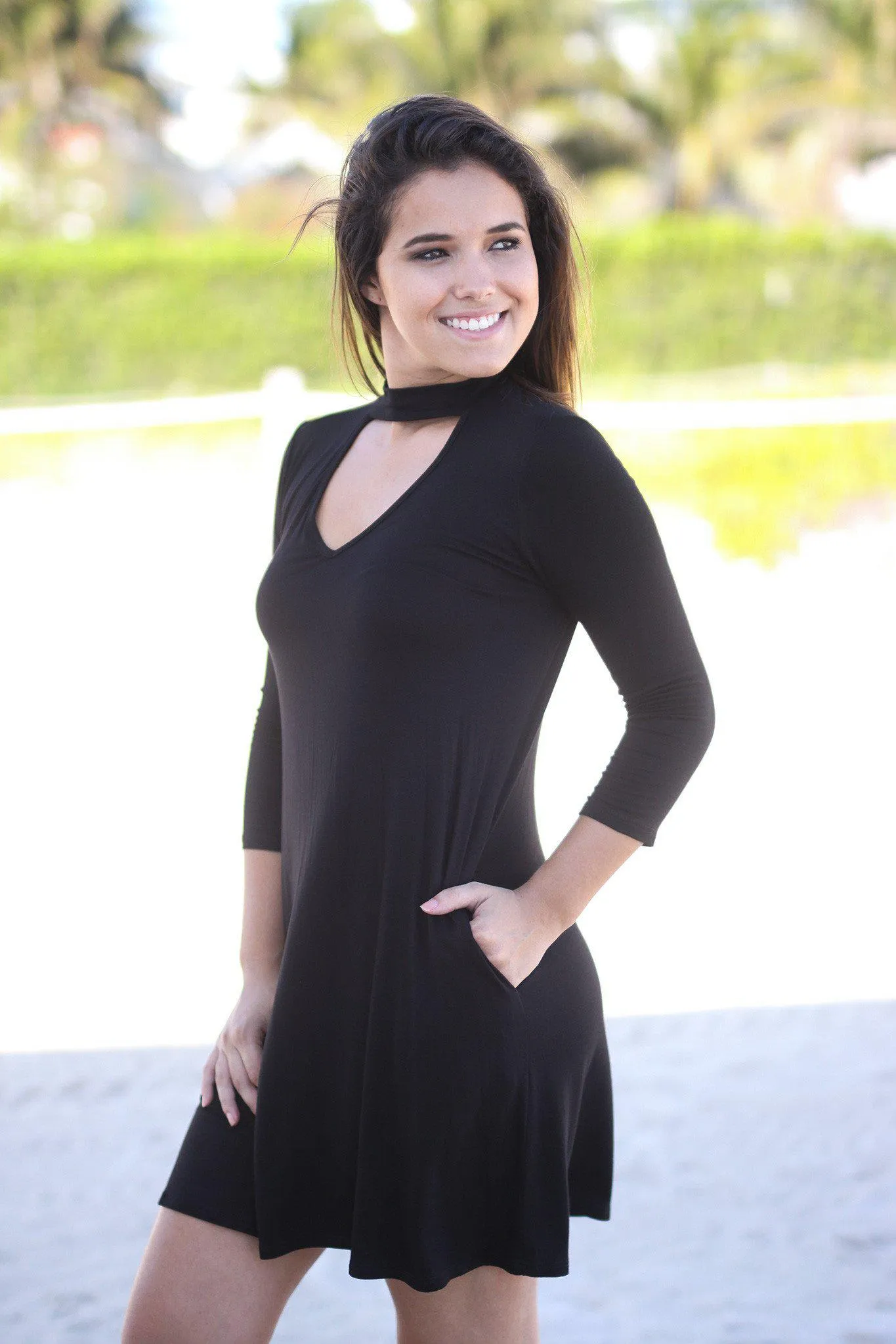 Black Mock Neck Short Dress with Pockets