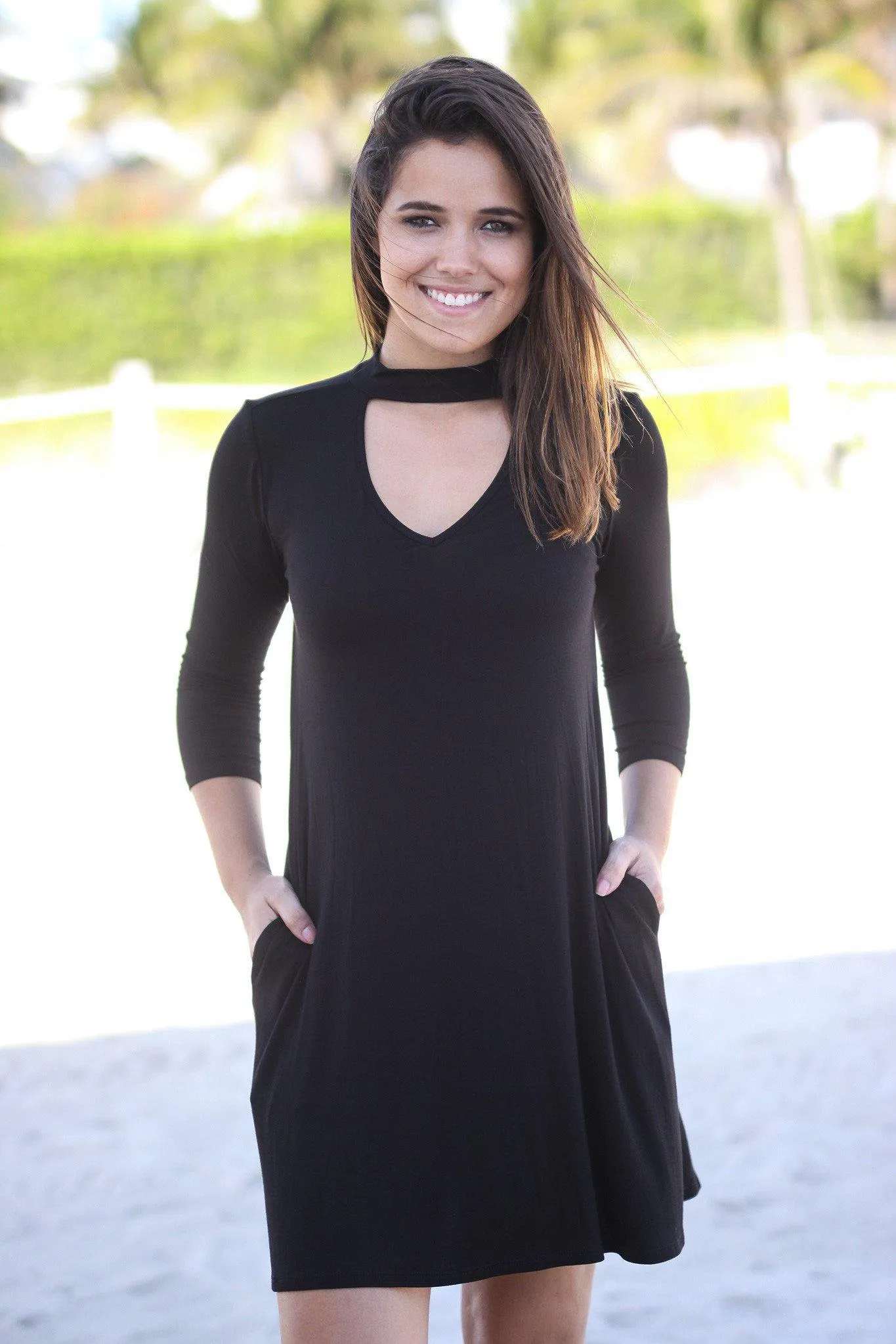 Black Mock Neck Short Dress with Pockets