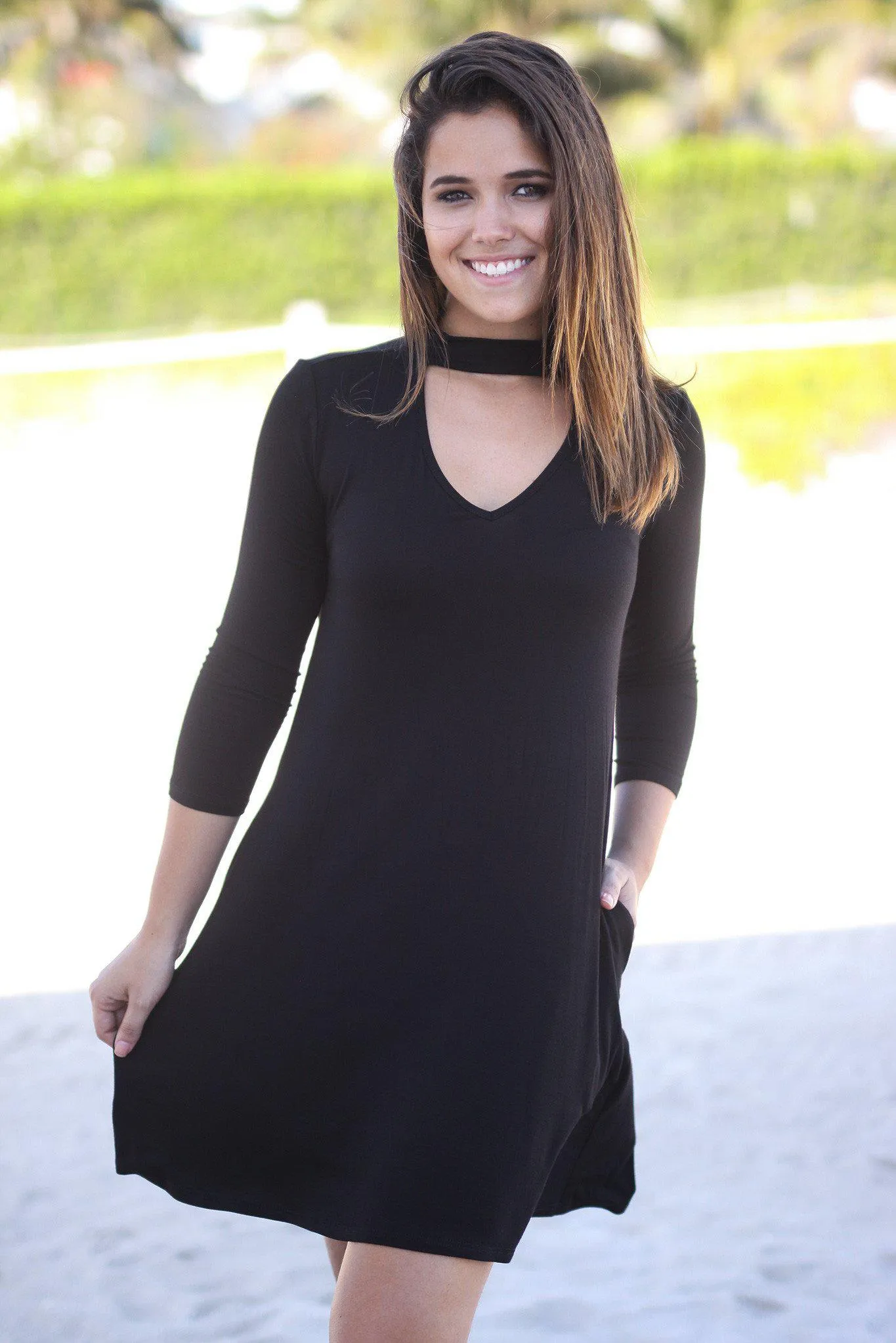 Black Mock Neck Short Dress with Pockets