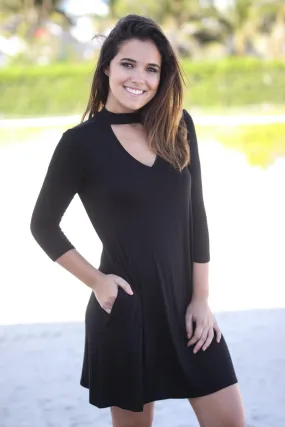 Black Mock Neck Short Dress with Pockets