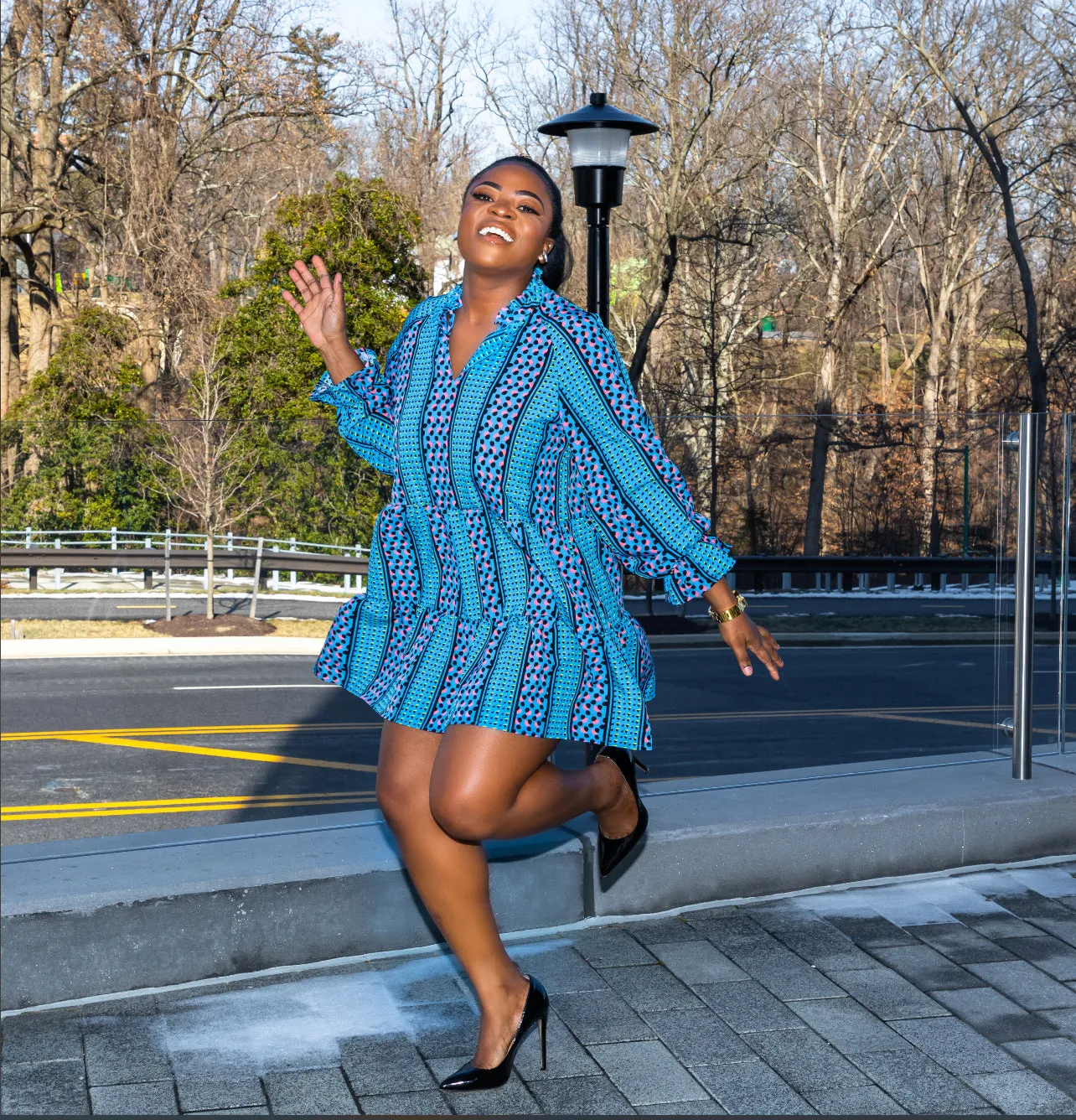 Blue Long Sleeve Swing Dress