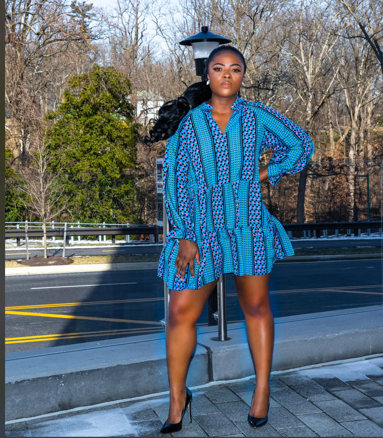 Blue Long Sleeve Swing Dress