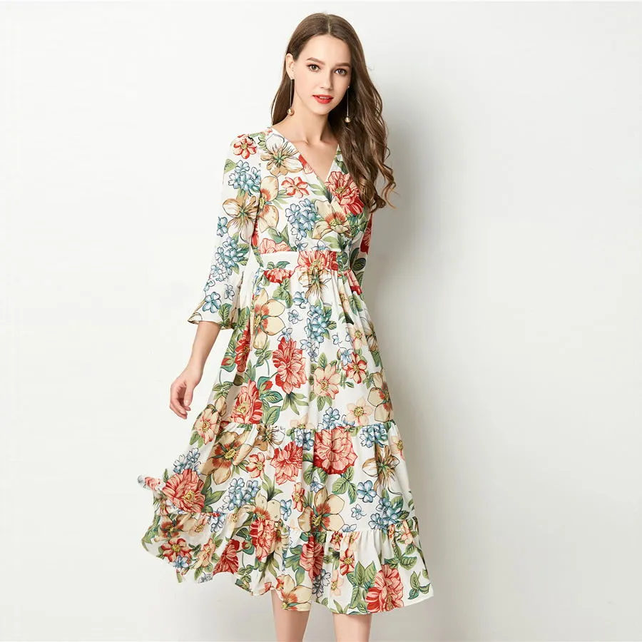 Bohemian Floral Chiffon Flare Sleeve Dress