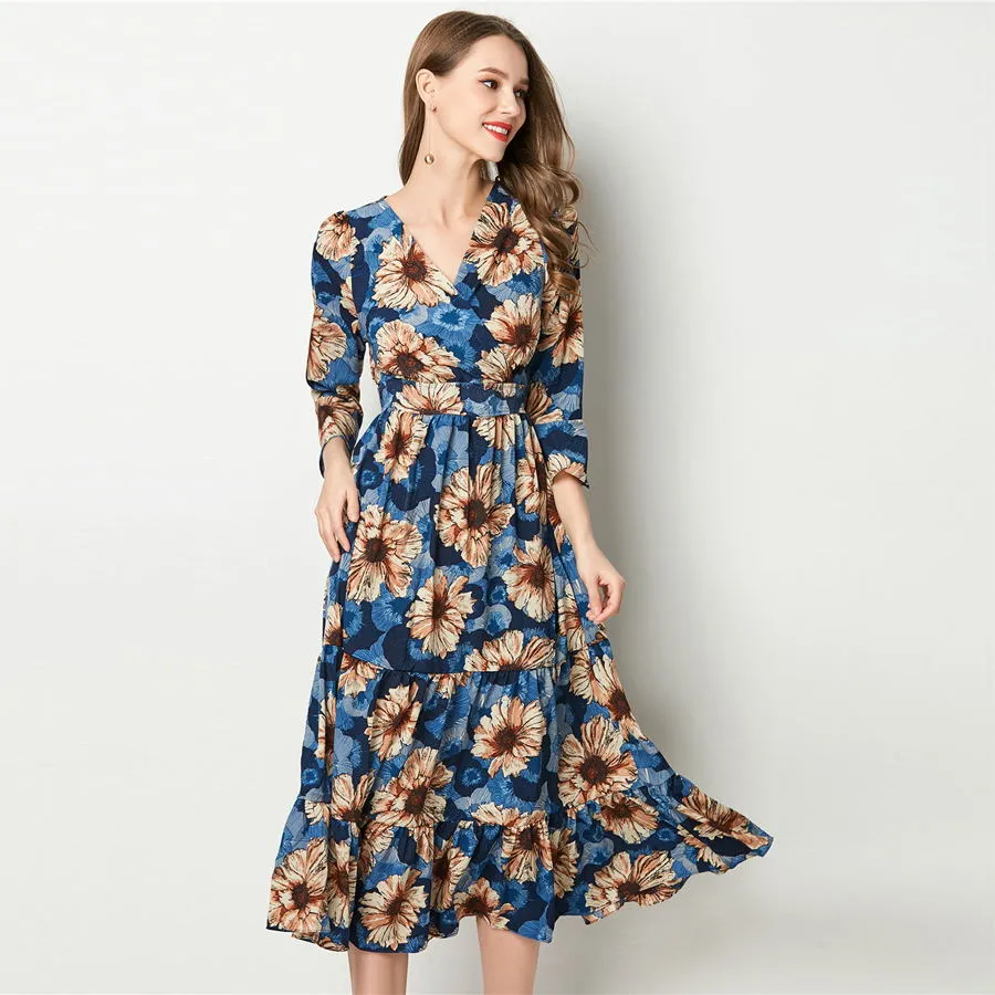 Bohemian Floral Chiffon Flare Sleeve Dress