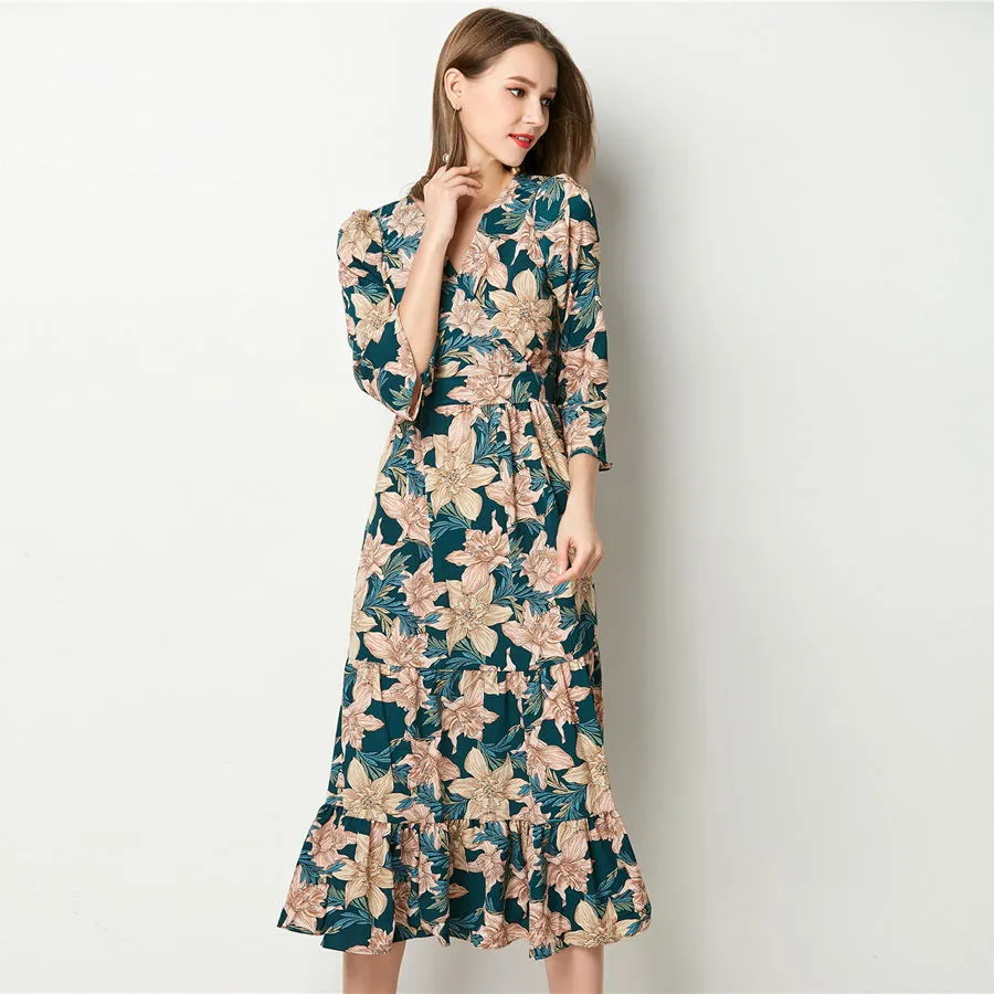 Bohemian Floral Chiffon Flare Sleeve Dress