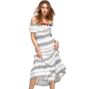 Bohemian Striped Ruffle Mid Calf Dress