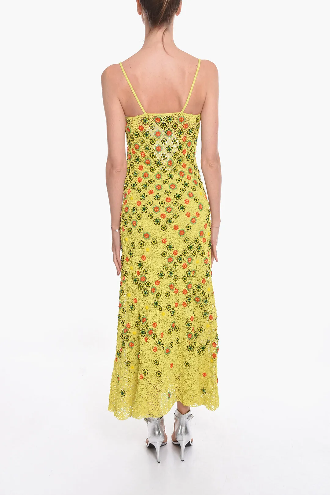 Bottega Veneta Viscose-crochet Flared Dress with Beaded Floral Motif