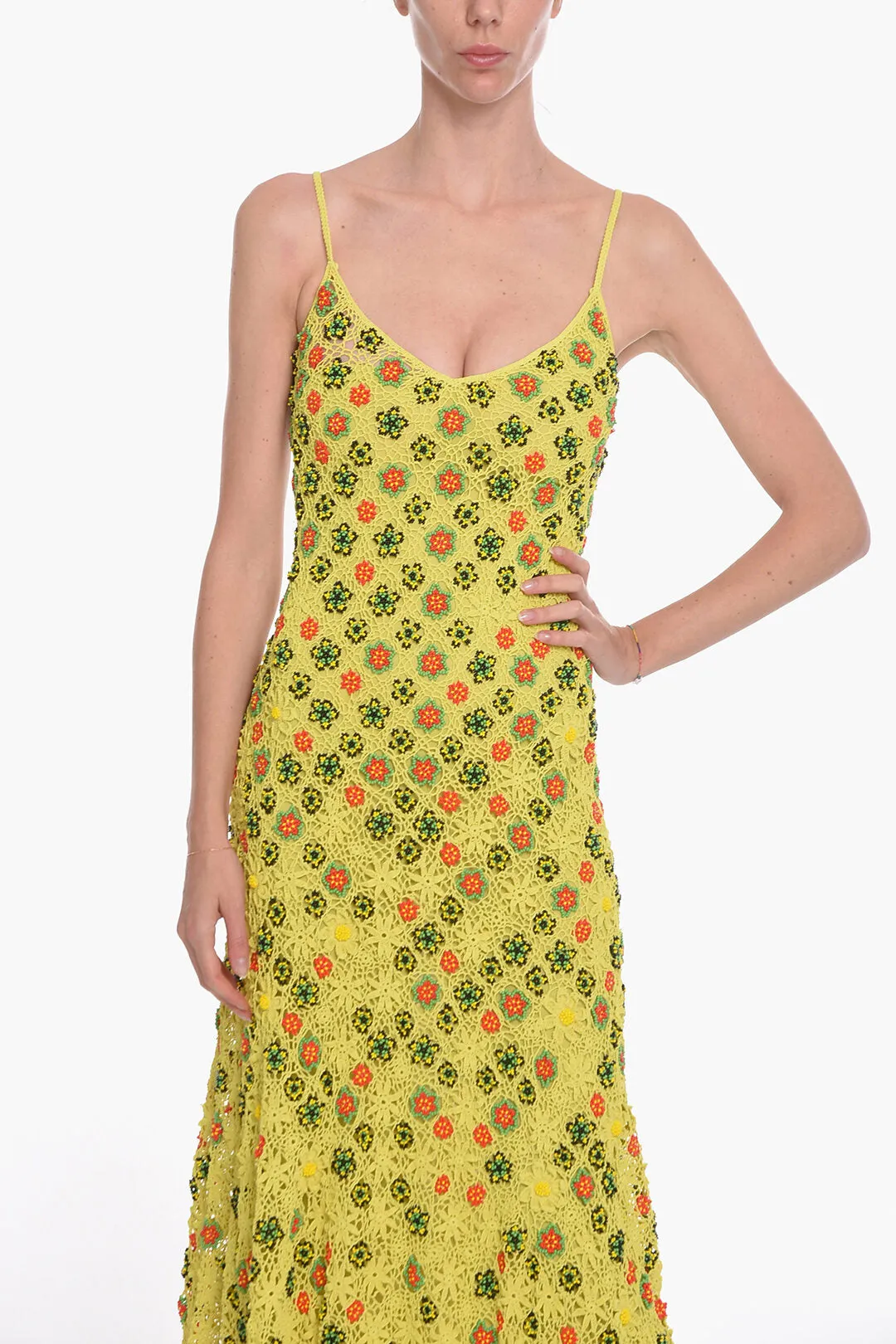 Bottega Veneta Viscose-crochet Flared Dress with Beaded Floral Motif