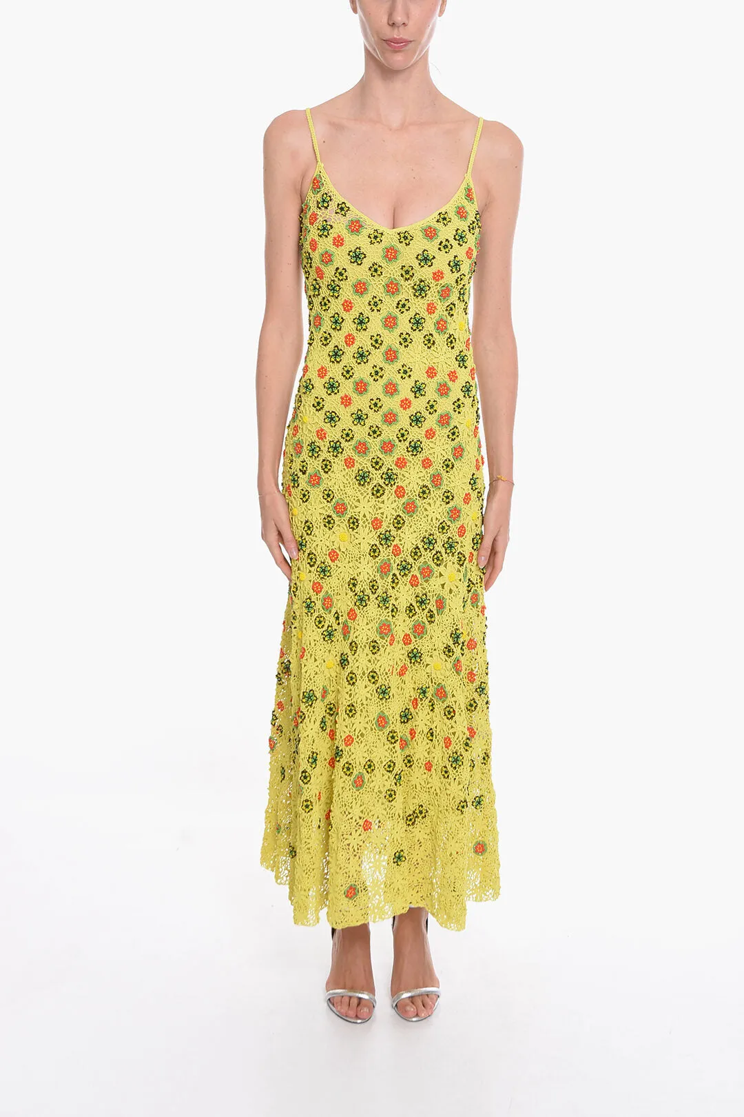 Bottega Veneta Viscose-crochet Flared Dress with Beaded Floral Motif