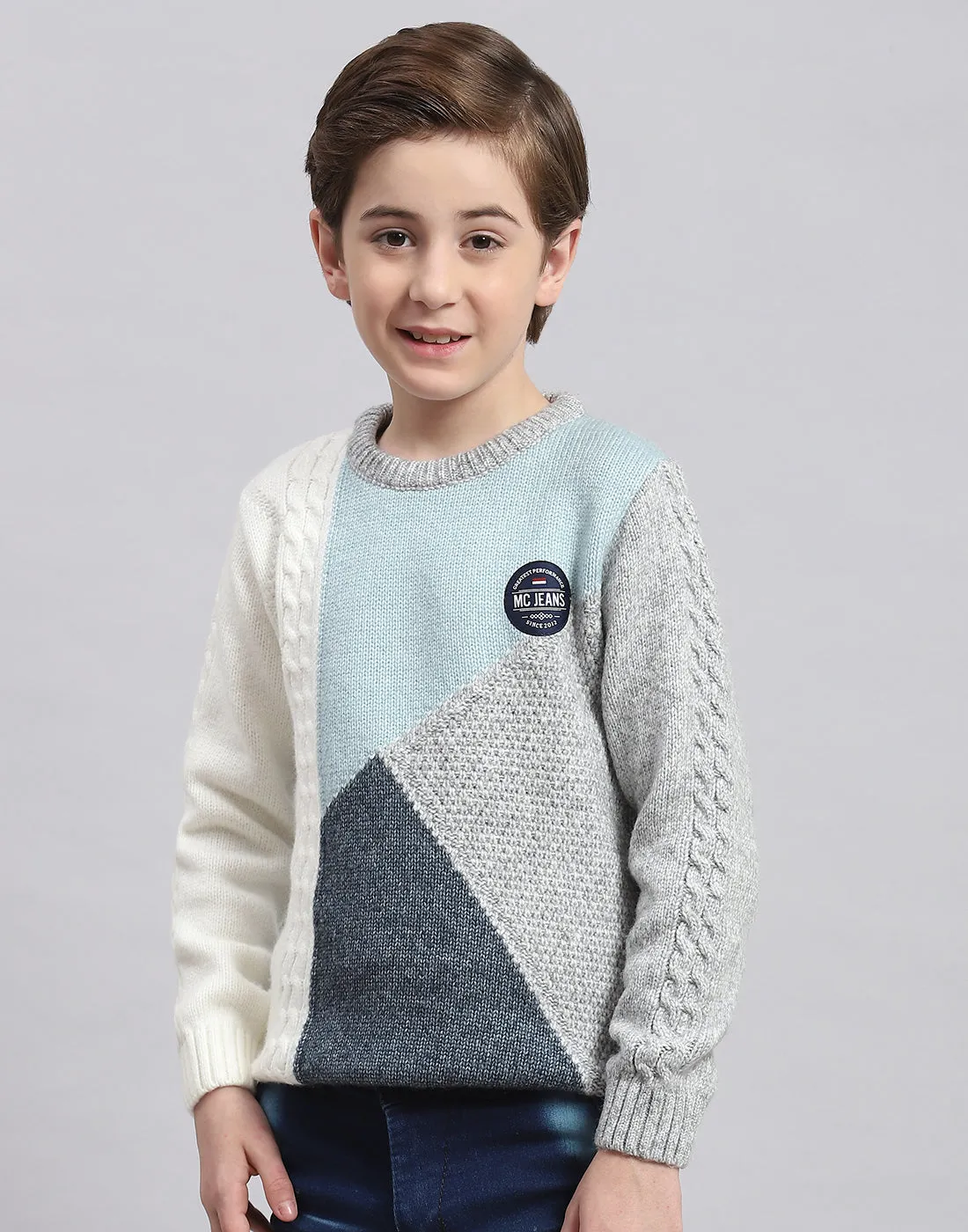 Boys Grey Melange Self Design Round Neck Full Sleeve Sweater