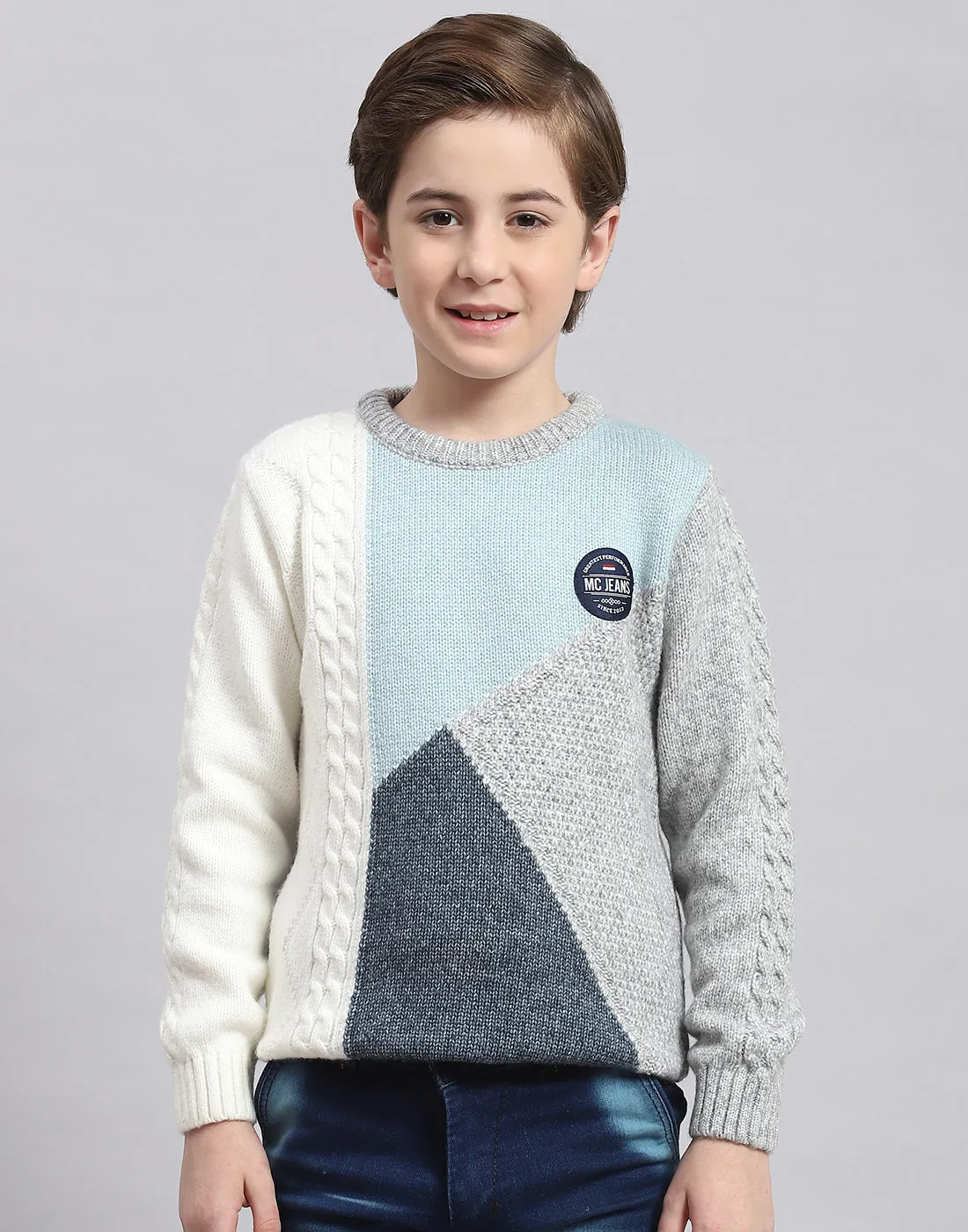 Boys Grey Melange Self Design Round Neck Full Sleeve Sweater