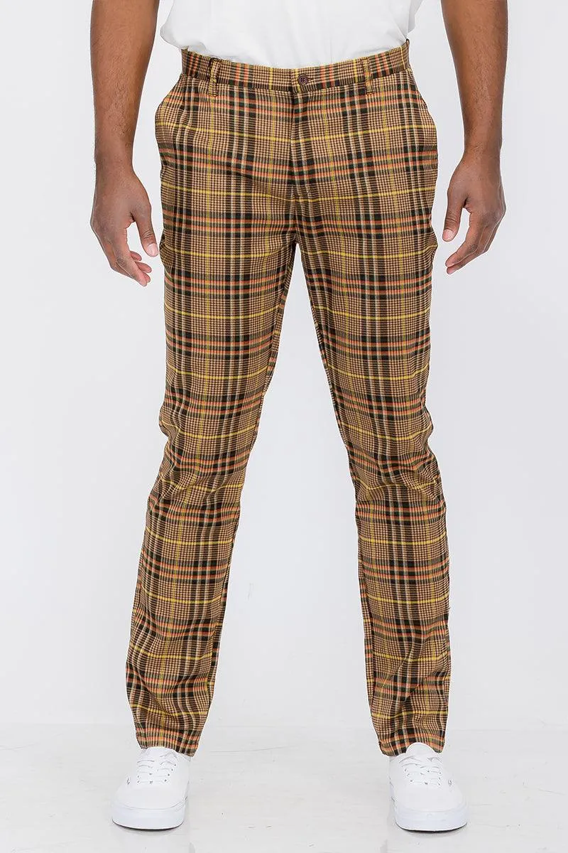 Brown Plaid Slim Fit Trouser Pants