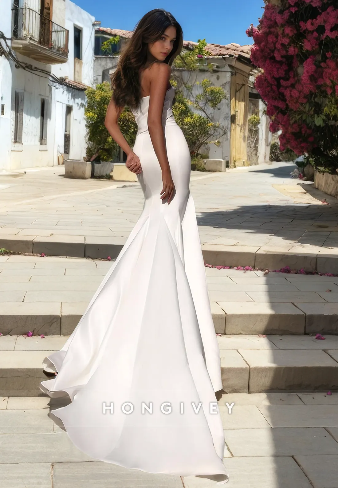 Casual Satin Trumpet Strapless With Train Beach Wedding Dress