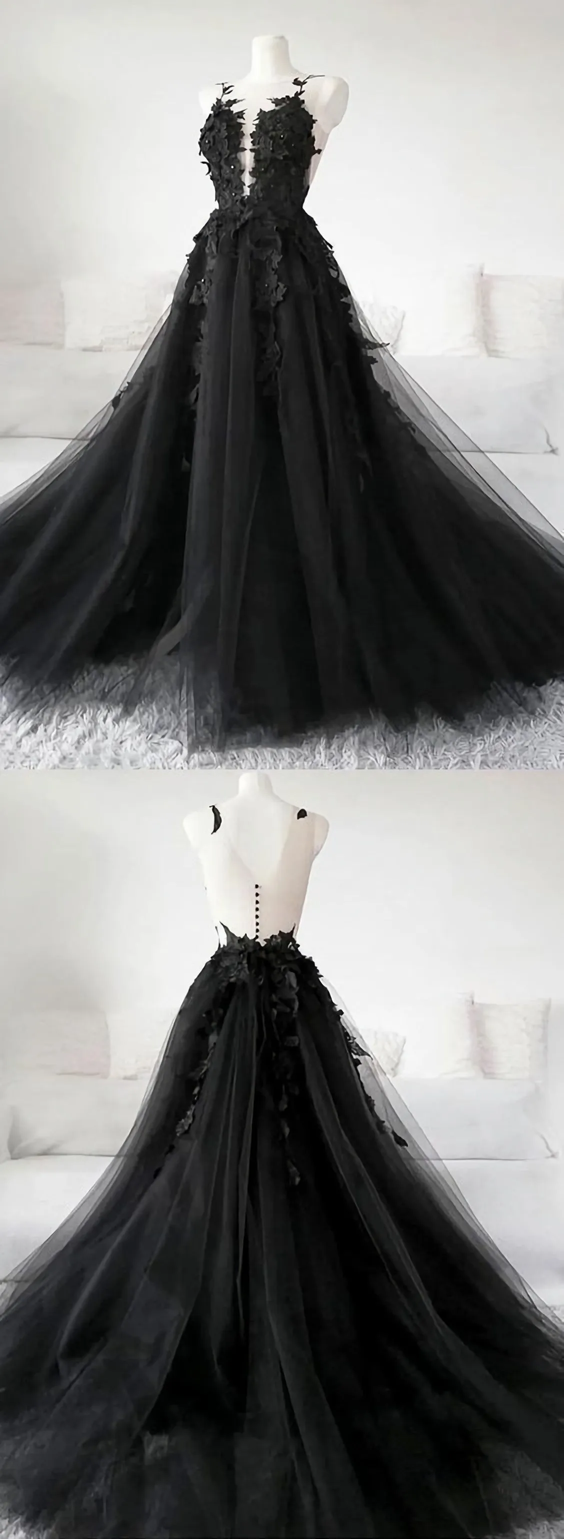 Chic Black Tulle Applique Long Prom Dress Black Evening Dress