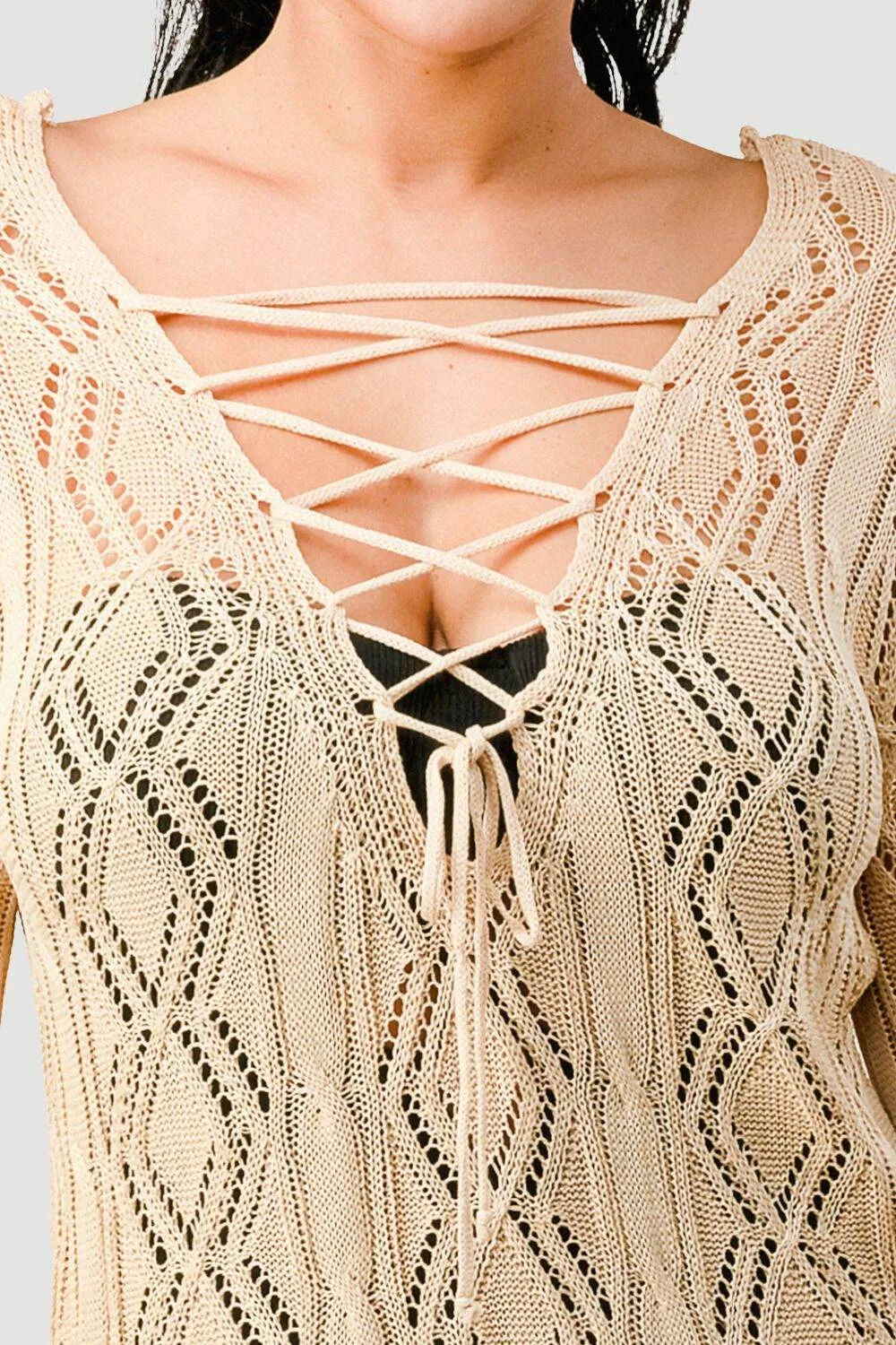 CHIC CROCHET SEE-THRU DRAWSTRING MINI DRESS