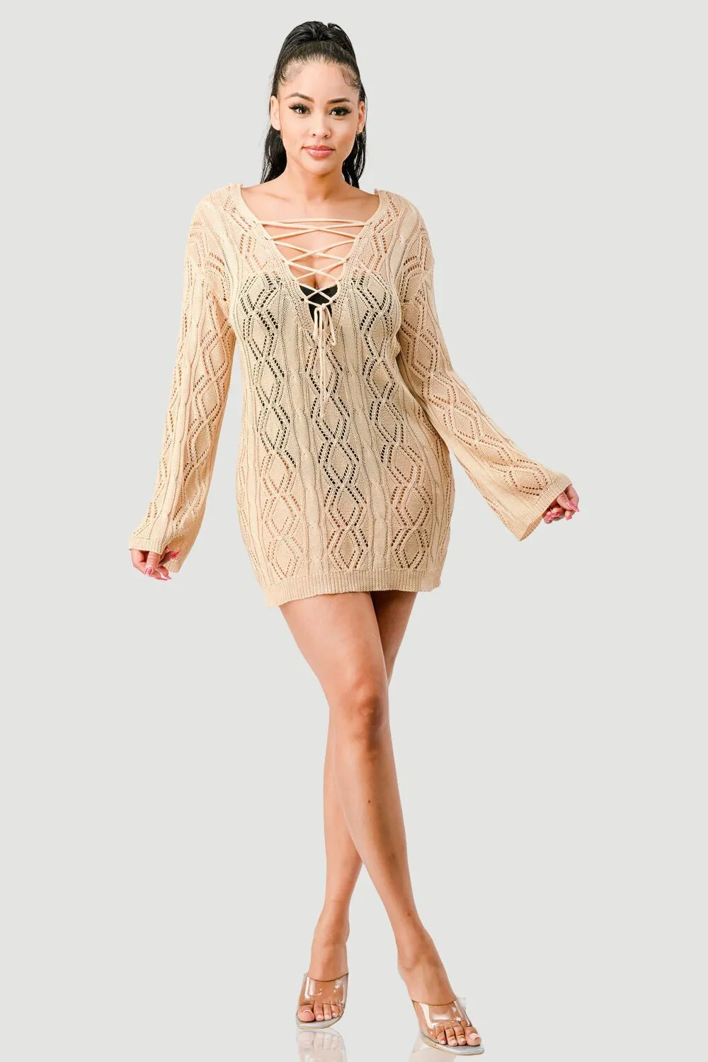 CHIC CROCHET SEE-THRU DRAWSTRING MINI DRESS