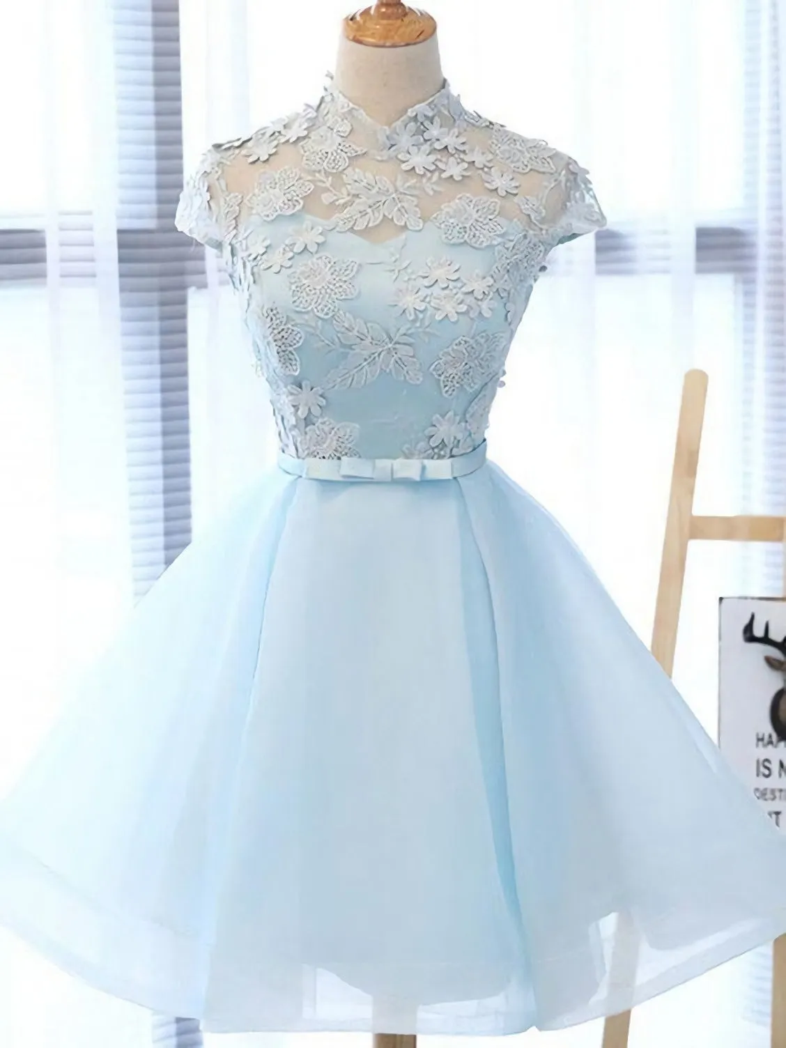 Chic Light Sky Blue Homecoming Dress Tulle High Neck Homecoming Dress Party Dress