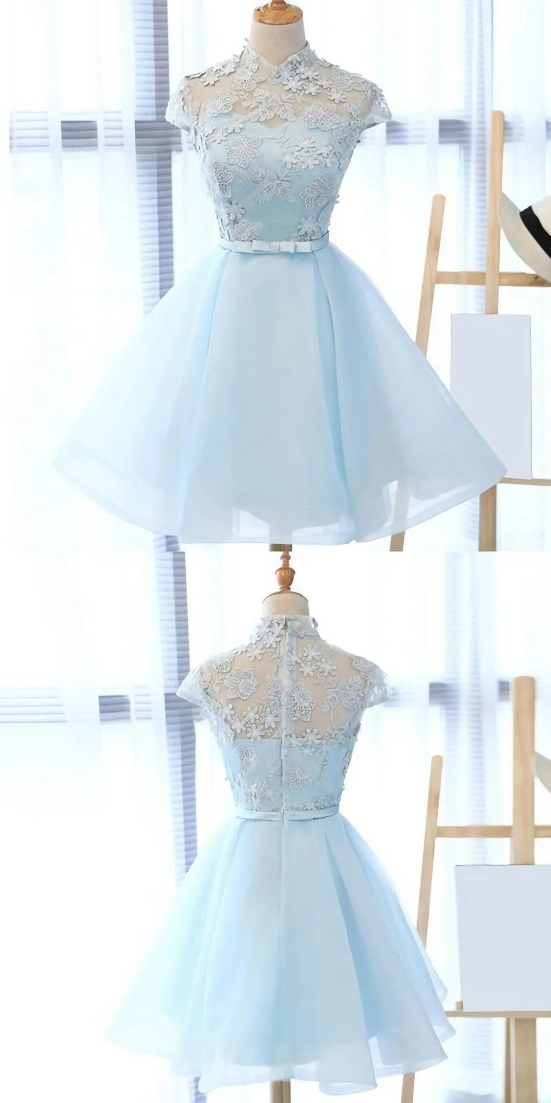 Chic Light Sky Blue Homecoming Dress Tulle High Neck Homecoming Dress Party Dress