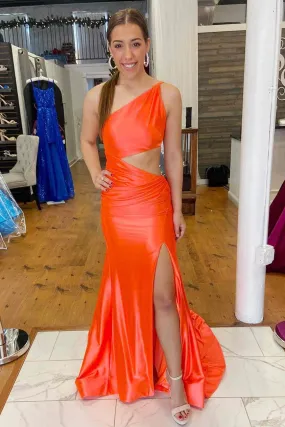 Chic Orange One Shoulder Satin Prom Dress with Slit