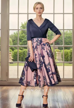 Chic Satin A-Line V-Neck Half Sleeves Mother of the Bride Dress