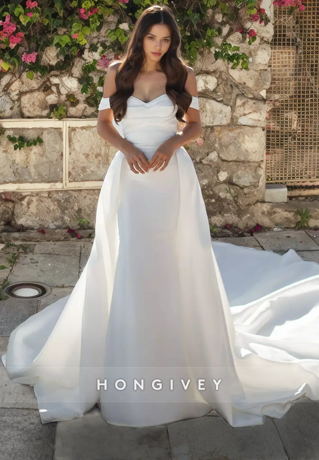 Chic Satin Fitted Off-Shoulder With Train Lace-Up Wedding Dress