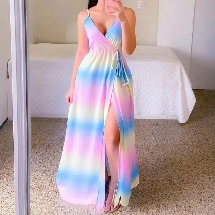 Colorful Gradient Strap Chiffon Casual Dress