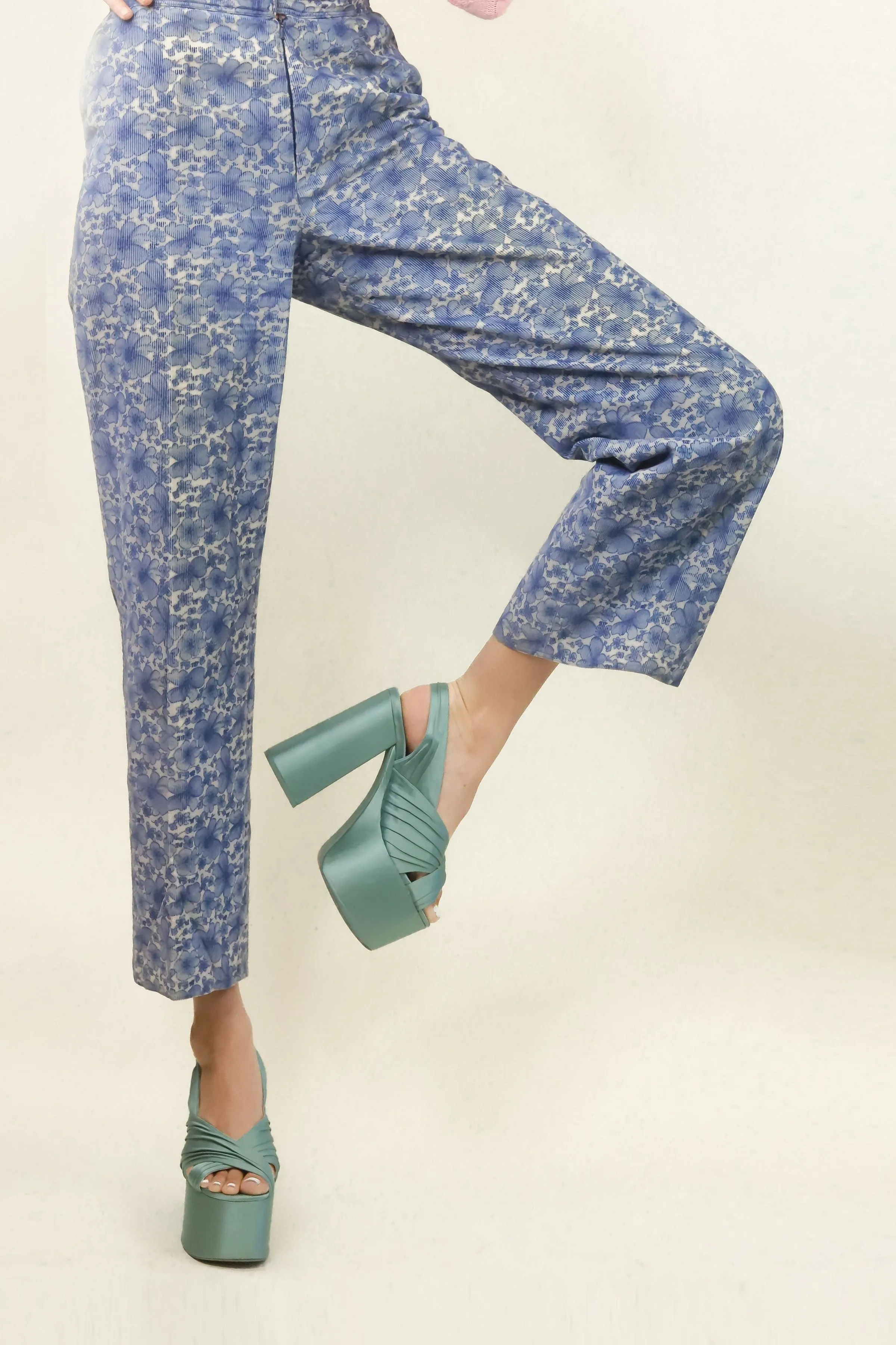 Courreges c.1970's Blue Floral Corduroy Pant